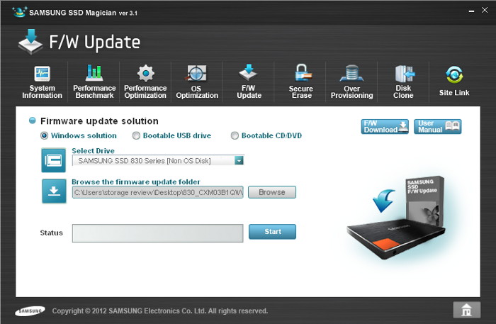 An example of a firmware update application for a solid state drive. An example of a firmware update application for a solid state drive.