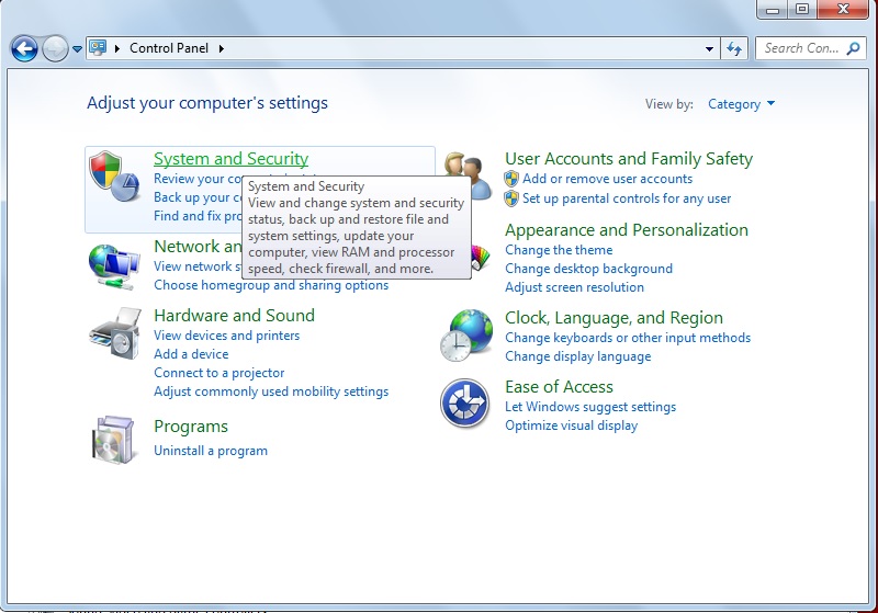 Navigate to System and Security in the Control Panel”