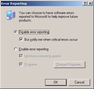 Disable Windows XP Error Reporting