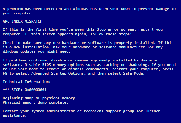 A Guide to the APC_INDEX_MISMATCH Blue Screen of Death Error