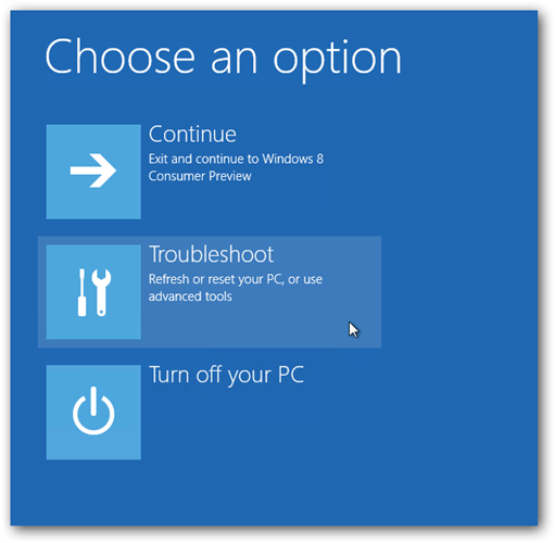 Windows 8 Trobleshoot Option