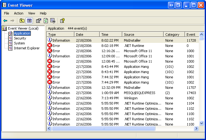 Event Viewer in Windows XP