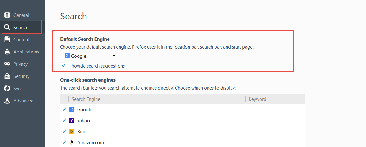 Firefox - Stellen Sie die bevorzugte Searcg-Engine ein